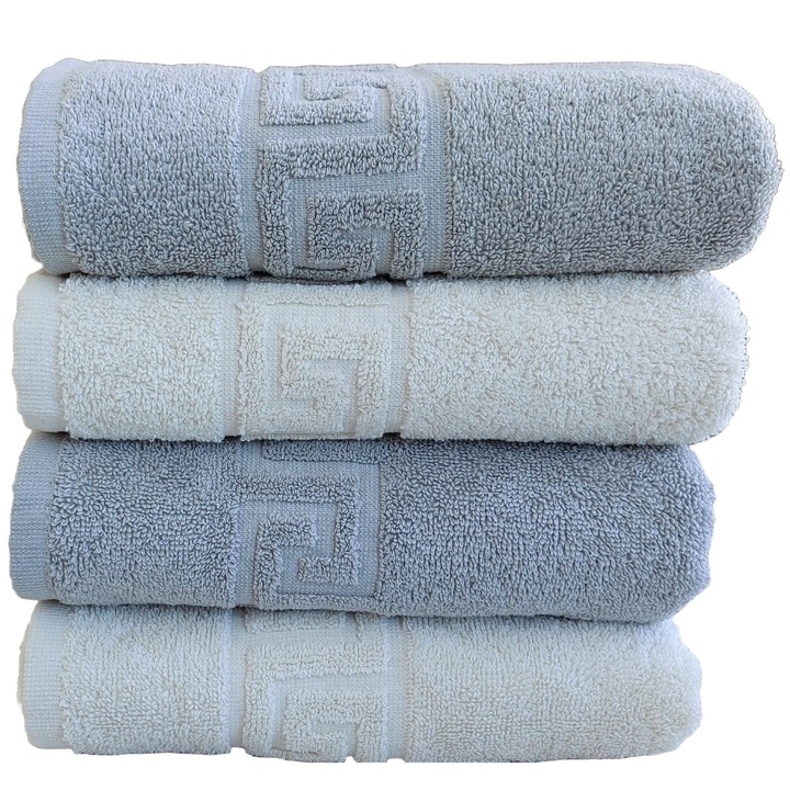 Set Prosoape Pufoase Hoteliere, 50cm x 90cm, 4 Piese, Model Greek, 100% Bumbac, Densitate 550g/mp, Gri/Ivoire