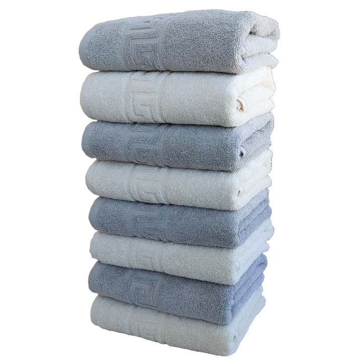 Set Prosoape Pufoase Hoteliere, 50cm x 90cm, 8 Piese, Model Greek, 100% Bumbac, Densitate 550g/mp, Gri/Ivoire