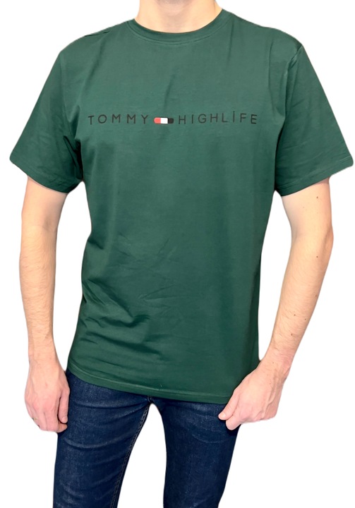 Férfi póló, sötétzöld, sima, kerek nyakú, feliratos, XL INTL