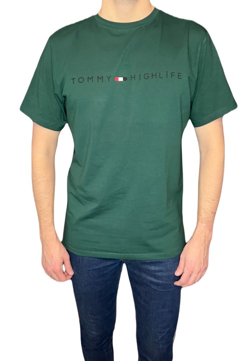 Férfi póló, sötétzöld, sima, kerek nyakú, feliratos, L INTL