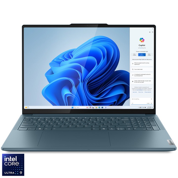 Laptop Yoga Pro 9 16IMH9 cu procesor Intel® Core™ Ultra 9 185H pana la 5.1GHz, 16", 3.2K, Mini LED, 165Hz, 64GB LPDDR5x, 1TB SSD, NVIDIA® GeForce RTX™ 4070 8GB GDDR6, Windows® 11 Home, Tidal Teal