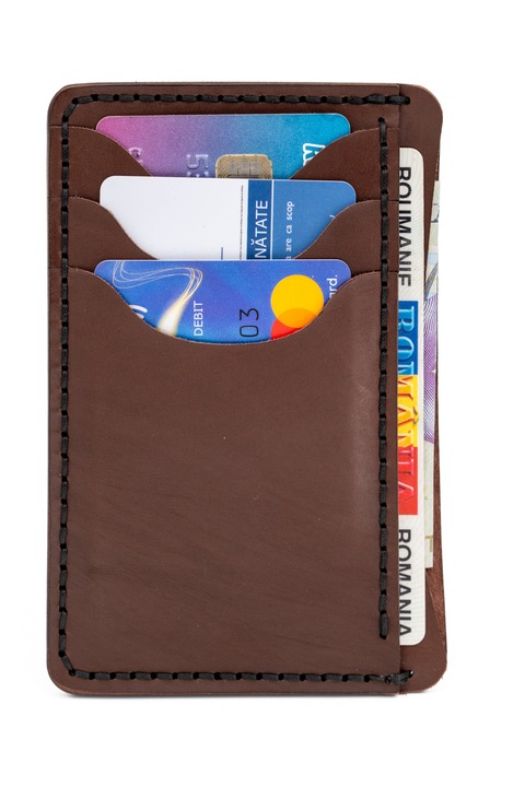 Port card pentru carte identitate, piele, lucrat manual, 13 x 8.5cm, Maro