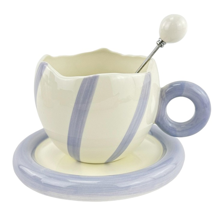 Керамична чаша с чиния и лъжица, 250 мл, бяла с лилаво