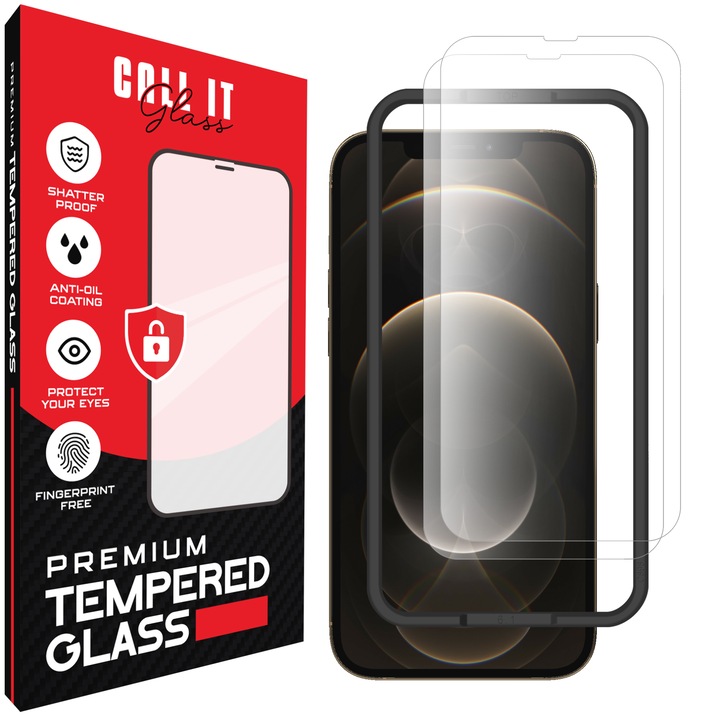 2 db Call It Glass™ védőfólia készlet iPhone 12 Pro Max készülékhez, prémium típus, rendkívül átlátszó, komplett készlet szerelőkerettel, törésgátló, ütésálló, rugalmas és kemény, teljes kijelző, fekete képernyőzár nélkül – átlátszó üveg