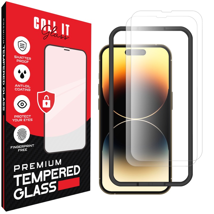 2 db Call It Glass™ védőfólia készlet iPhone 14 Pro készülékhez, prémium típus, rendkívül átlátszó, komplett készlet szerelőkerettel, törésgátló, ütésálló, rugalmas és kemény, teljes kijelző, fekete képernyőzár nélkül – átlátszó üveg
