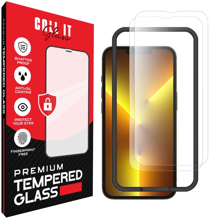 2 db Call It Glass™ védőfólia készlet iPhone 13 Pro készülékhez, prémium típus, rendkívül átlátszó, komplett készlet szerelőkerettel, törésgátló, ütésálló, rugalmas és kemény, teljes képernyős kijelző, fekete képernyőzár nélkül – átlátszó üveg