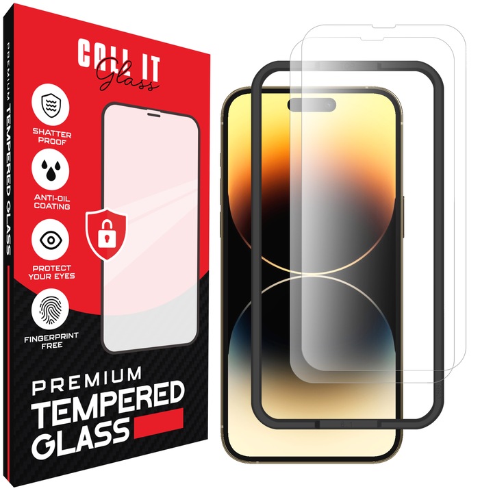 2 db Call It Glass™ védőfólia készlet iPhone 14 Pro Max készülékhez, prémium típus, rendkívül átlátszó, komplett készlet szerelőkerettel, törésgátló, ütésálló, rugalmas és kemény, teljes kijelző, fekete képernyőzár nélkül – átlátszó üveg