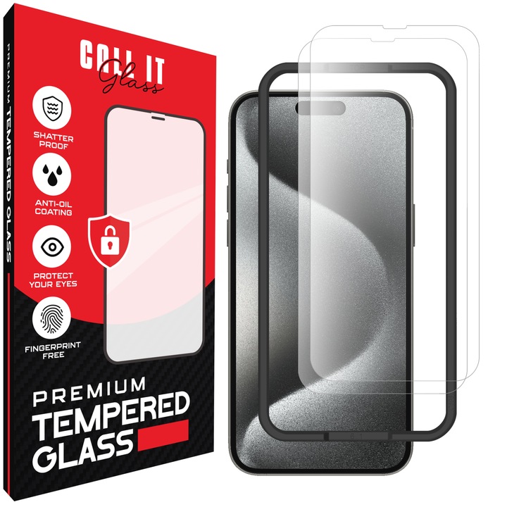 Комплект от 2 защитни фолиа Call It Glass™ за iPhone 15 Pro Max, първокласен тип, ултра прозрачно, пълен комплект с инсталационна рамка, против счупване, удар, гъвкаво и твърдо, цял екран, без заключване на черен екран - прозрачно стъкло
