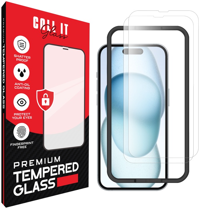 2 db Call It Glass™ védőfólia készlet iPhone 15-höz, prémium típusú, rendkívül átlátszó, komplett készlet szerelőkerettel, törésgátló, ütésálló, rugalmas és kemény, teljes kijelző, fekete képernyőzár nélkül – átlátszó üveg