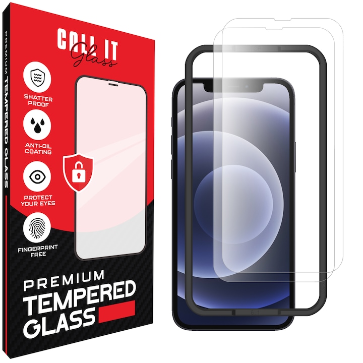 2 db Call It Glass™ védőfólia készlet iPhone 12 telefonhoz, prémium típusú, ultra átlátszó, komplett készlet szerelőkerettel, törésgátló, ütésálló, rugalmas és kemény, teljes kijelző, fekete képernyőzár nélkül – átlátszó üveg