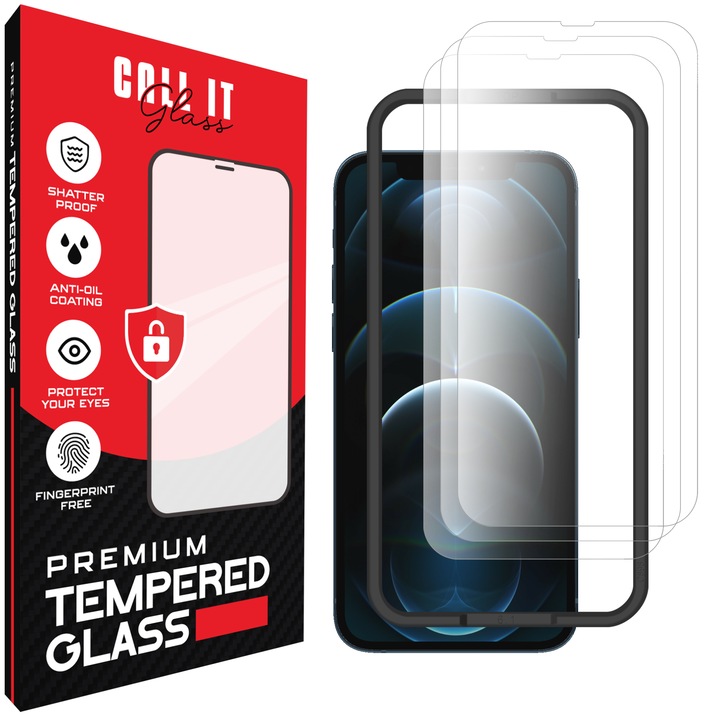3 Call It Glass™ védőfólia készlet iPhone 12 Pro készülékhez, prémium típus, rendkívül átlátszó, komplett készlet beépítési kerettel, törésgátló, ütésálló, rugalmas és kemény, teljes kijelző, fekete képernyőzár nélkül – átlátszó üveg