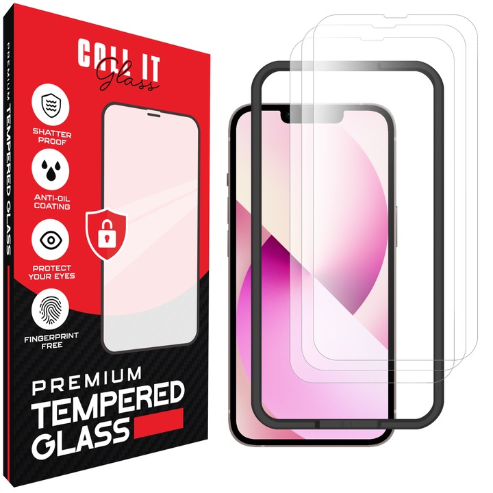 3 db Call It Glass™ védőfólia készlet iPhone 13-hoz, prémium típus, rendkívül átlátszó, komplett készlet szerelőkerettel, törésgátló, ütésálló, rugalmas és kemény, teljes kijelzős barlang, fekete képernyőzár nélkül – átlátszó üveg