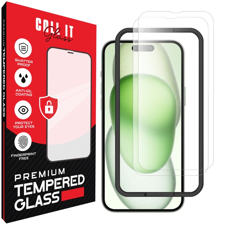 2 db Call It Glass™ védőfólia készlet iPhone 15 Plus készülékhez, prémium típusú, rendkívül átlátszó, komplett készlet szerelőkerettel, törésgátló, ütésálló, rugalmas és kemény, teljes kijelző, fekete képernyőzár nélkül – átlátszó üveg