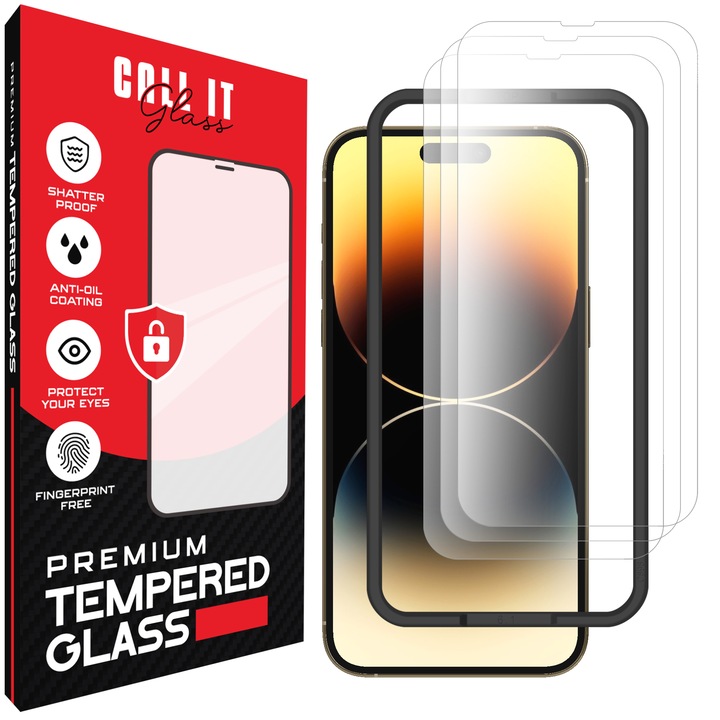 3 Call It Glass védőfólia készlet iPhone 14 Pro Max kompatibilis, prémium típus, rendkívül átlátszó, komplett készlet beépítési kerettel, törésgátló, ütésálló, hajlékony és kemény, teljes kijelző, fekete képernyőzár nélkül – átlátszó üveg