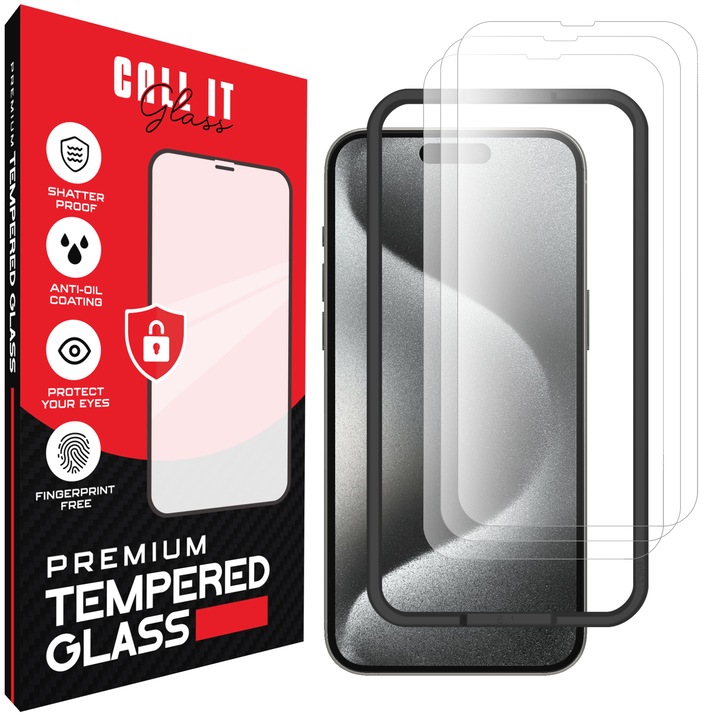 3 Call It Glass™ védőfólia készlet iPhone 15 Pro Max készülékhez, prémium típus, rendkívül átlátszó, komplett készlet szerelőkerettel, törésgátló, ütésálló, rugalmas és kemény, teljes képernyős kijelző, fekete képernyőzár nélkül – átlátszó üveg
