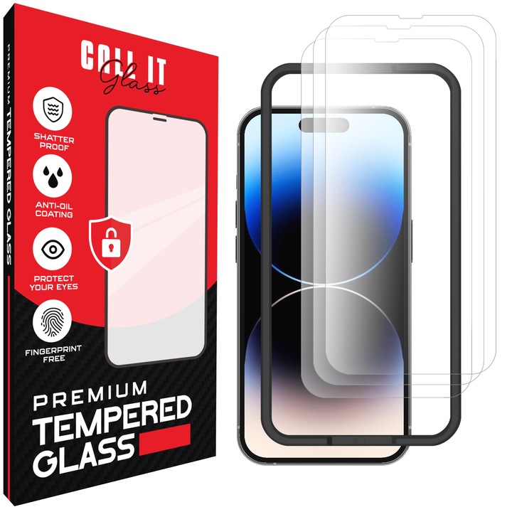 3 Call It Glass™ védőfólia készlet iPhone 14 Pro készülékhez, prémium típus, rendkívül átlátszó, komplett készlet beépítési kerettel, törésgátló, ütésálló, rugalmas és kemény, teljes kijelző, fekete képernyőzár nélkül – átlátszó üveg