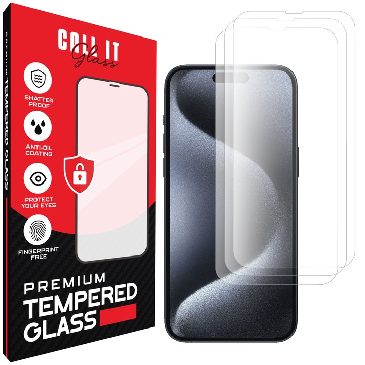 Комплект от 3 протектора Call It Glass, за iPhone 15 Pro, тип Premium, ултра прозрачен, против счупване, гъвкав и твърд, цял екран, стъкло