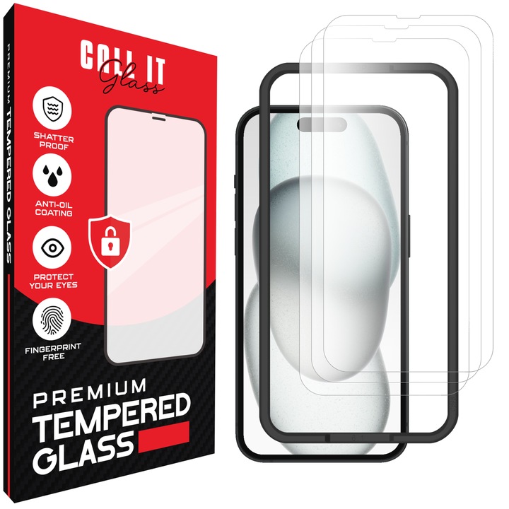 3 db Call It Glass™ védőfólia készlet iPhone 15-höz, prémium típusú, rendkívül átlátszó, teljes beszerelési készlet, törésgátló, ütésálló, rugalmas és kemény, teljes képernyős, fekete képernyőzár nélkül – átlátszó üveg
