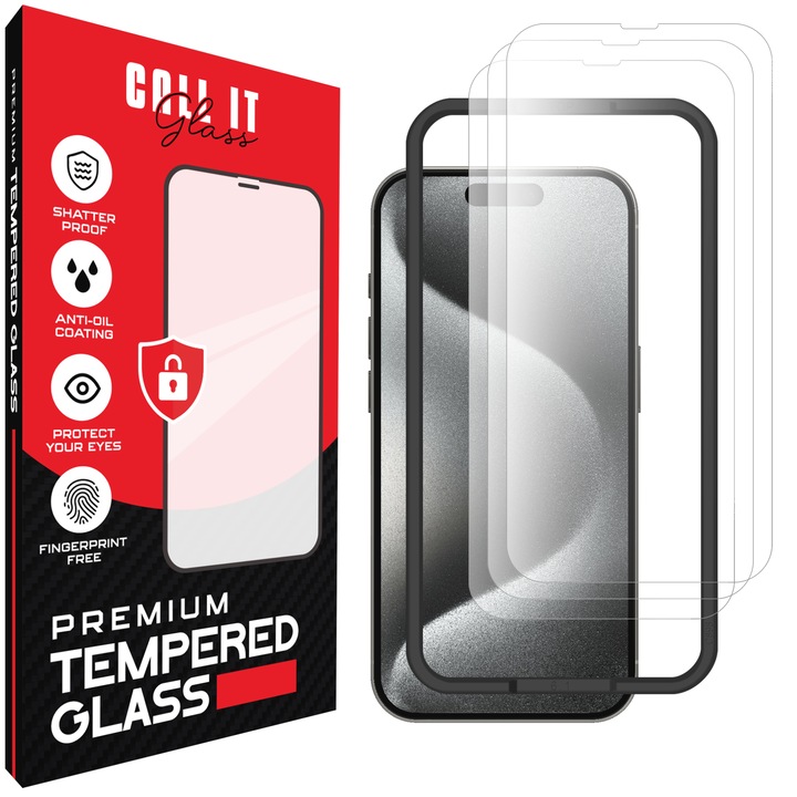 3 Call It Glass™ védőfólia készlet iPhone 15 Pro készülékhez, prémium típus, rendkívül átlátszó, komplett készlet szerelőkerettel, törésgátló, ütésálló, rugalmas és kemény, teljes kijelző, fekete képernyőzár nélkül – átlátszó üveg