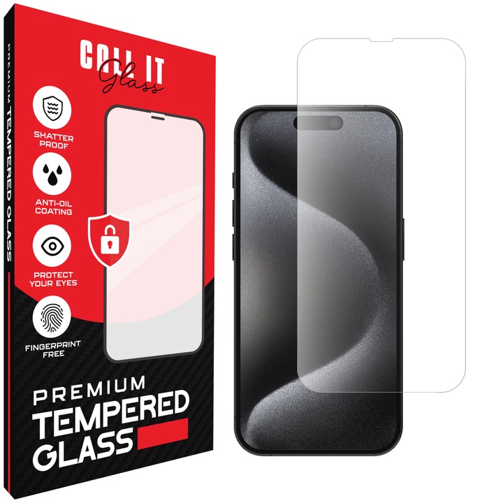 Call It Glass™ védőfólia iPhone 15 Pro készülékhez, prémium típus, rendkívül átlátszó, teljes telepítési készlet, törésgátló, ütésálló, rugalmas és strapabíró, teljes kijelző, fekete képernyőzár nélkül – átlátszó üveg