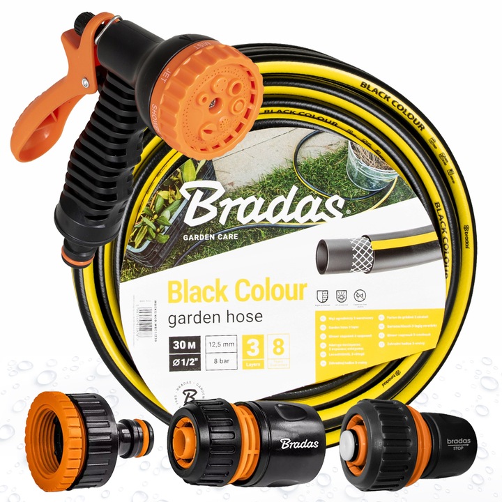 Kerti tömlőkészlet Bradas Black Color WBC1/220 1/2, PVC, 3 adapter, szórópisztoly, ultra erős, 20 m, fekete/sárga