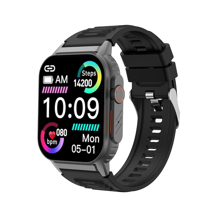 Ceas Smartwatch, Masurare glicemie, monitorizare ciclu menstrual, oxigen din sange, somn, stres, tensiune arteriala, functie convorbire apeluri, asistent vocal, impermeabil, Negru