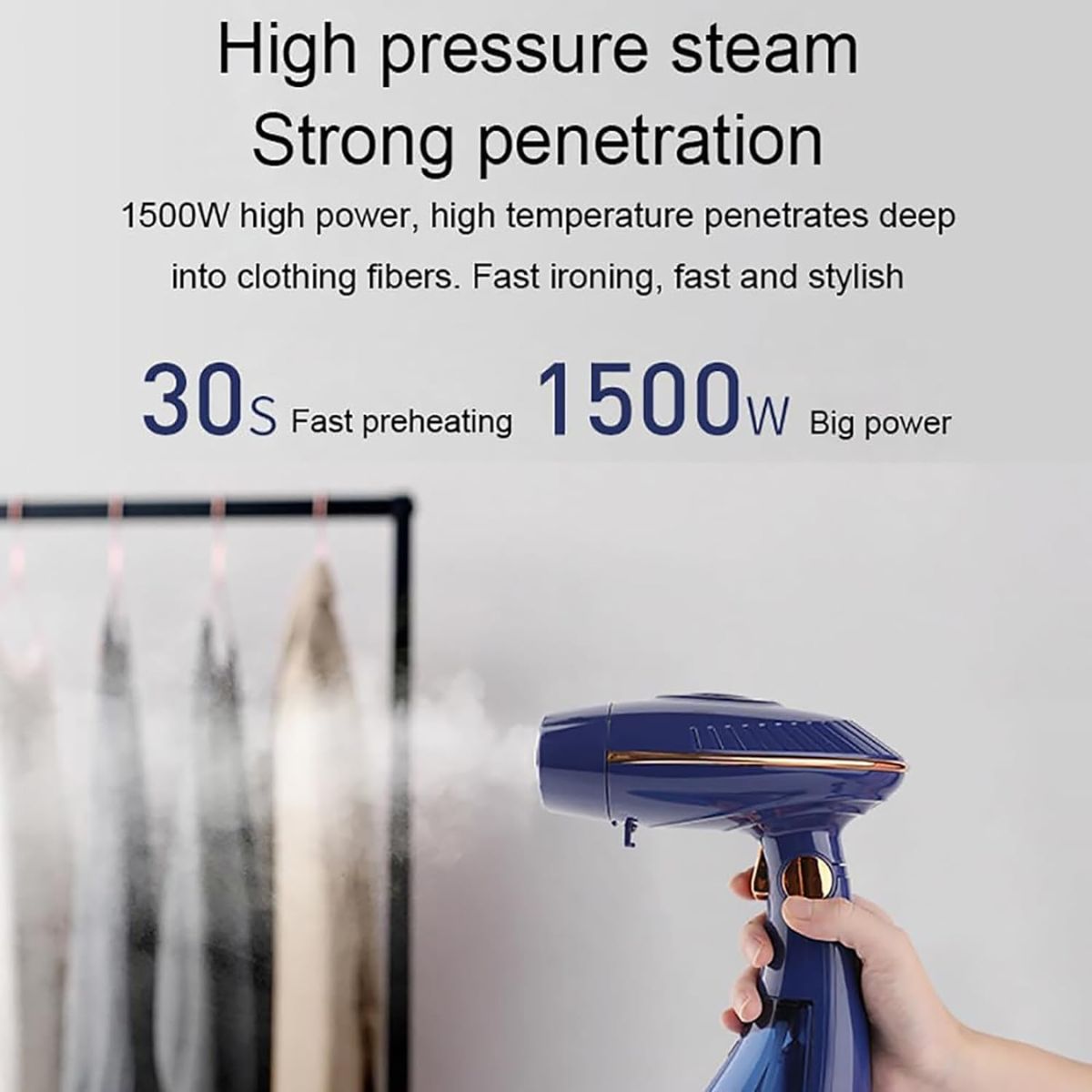 Aparat de calcat si uscat vertical, 1500 W, pliabil, 2 moduri de calcare, 30 gr/min, incalzire imediata, rezervor detasabil 170 ml, accesorii incluse, albastru