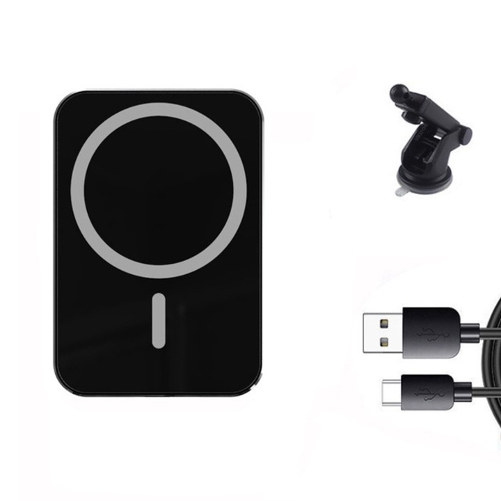 Suport MagSafe Auto, Incarcare Wireless, Ventuza pentru Bord/Parbriz, Universal, Negru