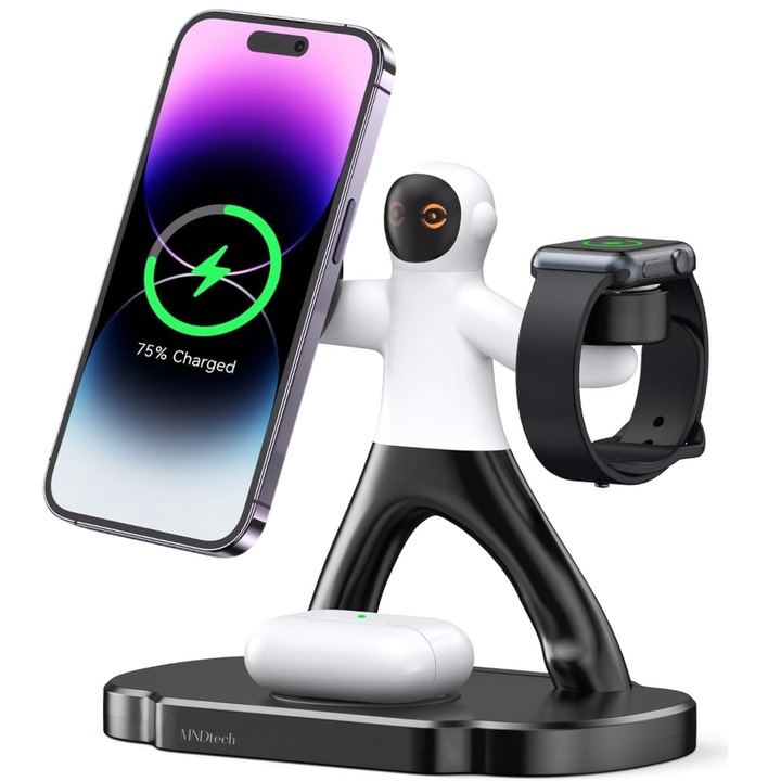 MNDtech® 3 в 1 MagSafe и безжично зарядно устройство Qi, двойна версия с бързо зареждане 15W+15W 10W 5W Съвместимо с Apple Watch, Airpods, Iphone, Android, Samsung, Huawei, Xiaomi, черно, фигура на астронавт