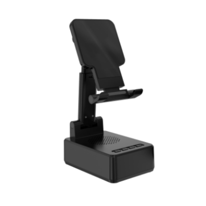 Suport de telefon cu boxa incorporata, bluetooth, compatibil cu orice tip de telefon sau tableta, unghi de 90 de grade reglabil, culoare negru, reda muzica cu sonorizare excelenta