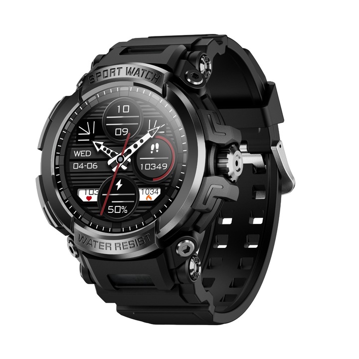Ceas smartwatch pentru barbati, Singlait 3ATM, model 3atm, rezistent la apa IP67, Apeluri, Sms, Social Media, monitorizare activitati fizice, somn, ritm cardiac, pedometru, rezistent la apa, negru