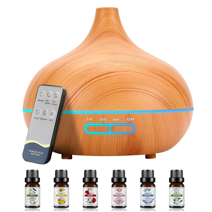 Difuzor de uleiuri esentiale 500 ml pentru casa, ZUNSEAT, 6 Arome 10ml, functie de umidificare a aerului, aromoterapie cu ultrasunete si arome, yoga, birou, spa, dormitor, camera copilului, 550ml