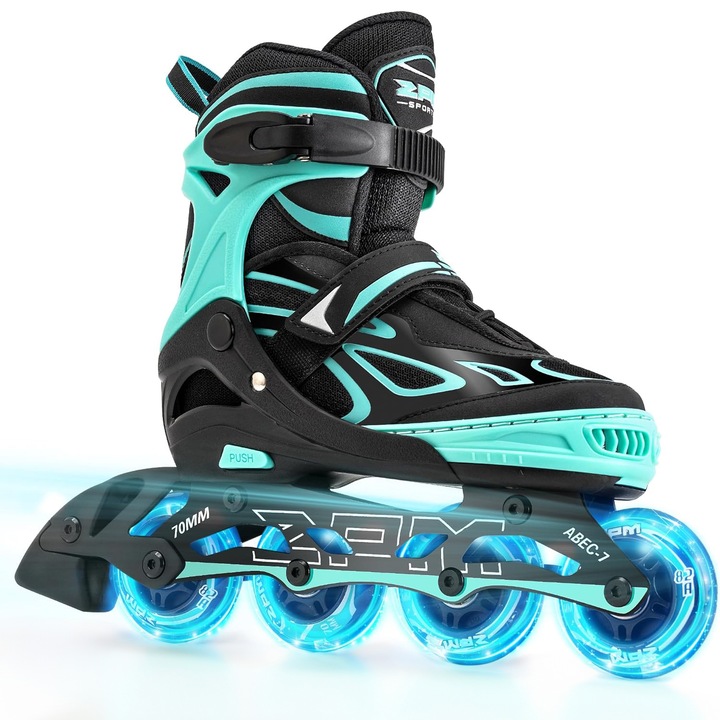 Регулируеми ролери за деца и възрастни, светещи силиконови колела, 4 колела в една линия, лагери ABEC-7, алуминий/полиуретан, размер S 27-32, ментово зелено