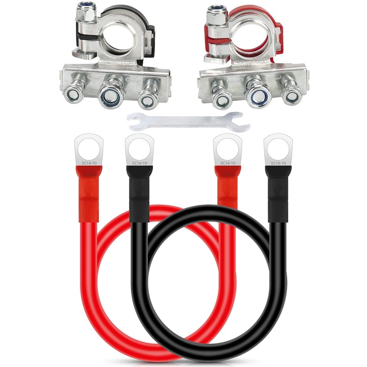 Комплект от две професионални клеми, автомобилен акумулатор, медна, 12/24V, Предлага се с 3/8" кримпван проводник и гаечен ключ, Многоцветен