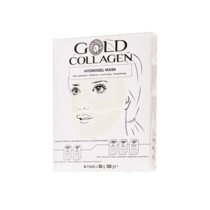 Set 4 masti intinerire instant cu hidrogel si acid hialuronic, cu extract de perla Gold Collagen Hydrogel, 120g