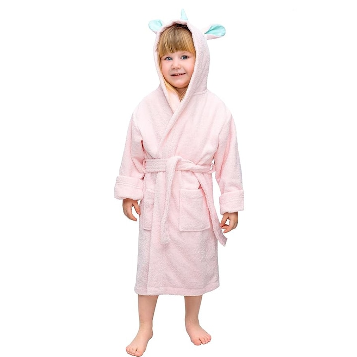 Халат еднорог, Twinzen, за момичета, мек и удобен, памук, размер S, 5-6 години, розово и тюркоазено