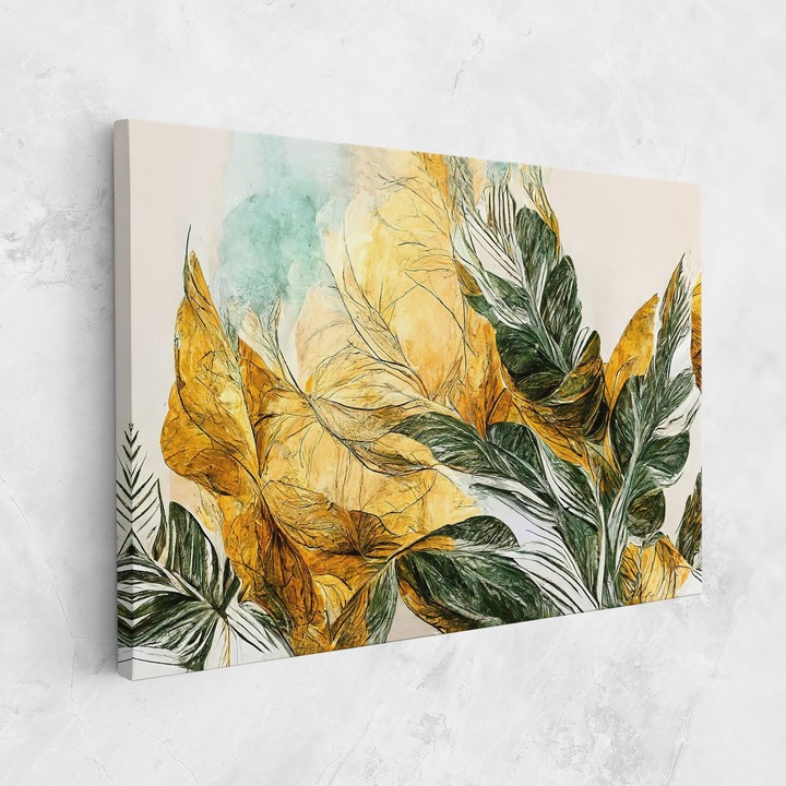 Картина на платно, ARTHUB, 80x120 cm | Спалня и Дневна, Абстрактни, Абстрактно изкуство, Gold And Green Leafes