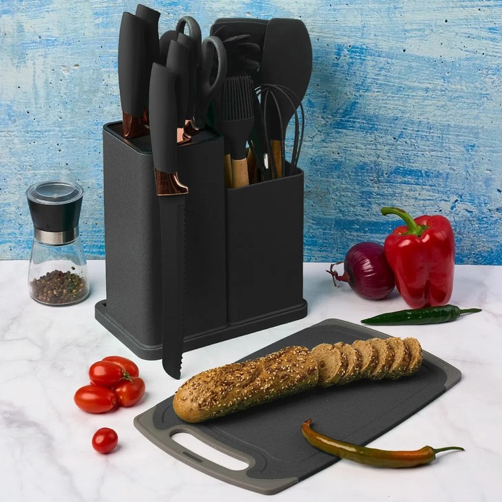 Set 19 Ustensile de Gatit din Silicon cu Maner din Bambus Vivendo® – Suport si Tocator Incluse, Rezistente la Temperaturi Inalte, Design Elegant, Negru