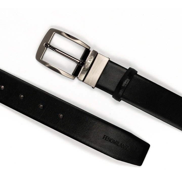 Curea barbati FENOMILANO piele naturala cu doua fete, dubla fata negru/maro, catarama reversibila din metal cu logo, handmade Italia-Grecia, handmade in Grecia, 120 cm