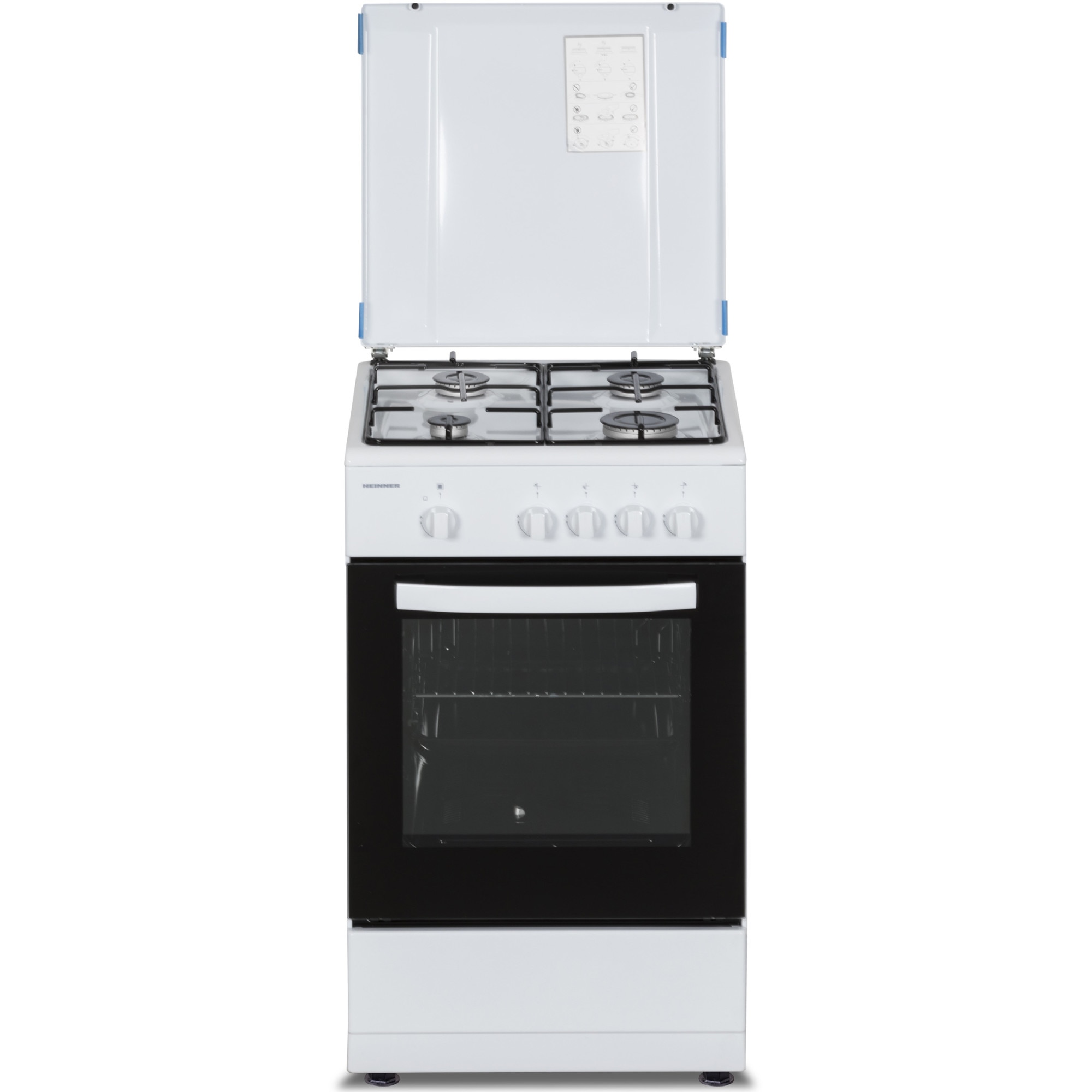 Aragaz Heinner HFSC-SME50WH, Gaz, 4 arzatoare, Dispozitiv siguranta plita si cuptor, 50 cm, Alb