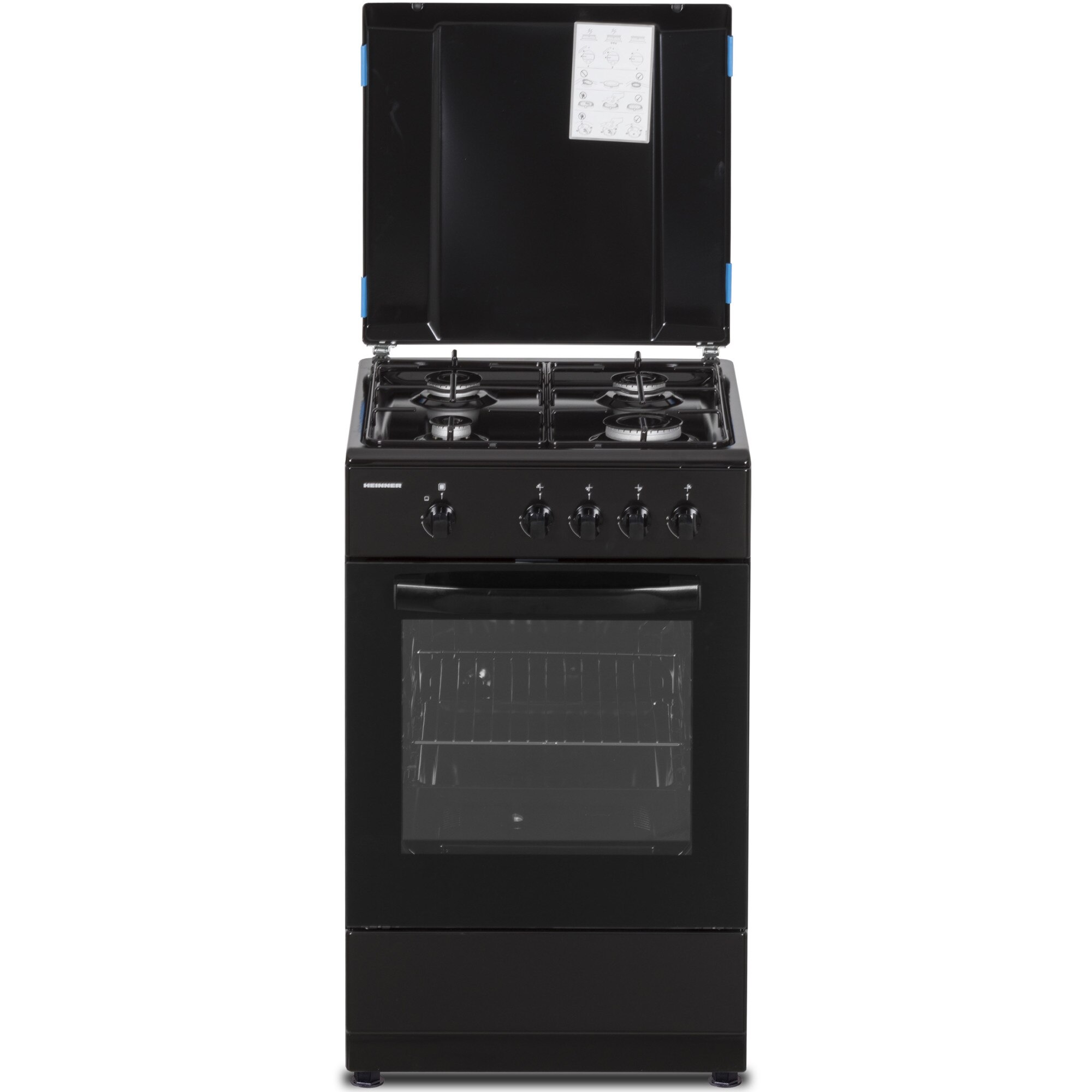 Aragaz Heinner HFSC-SME50BK, Gaz, 4 arzatoare, Dispozitiv siguranta plita si cuptor, 50 cm, Negru