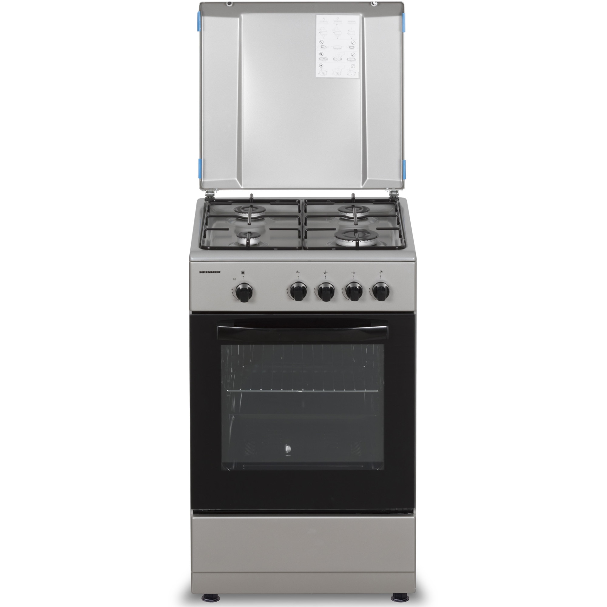 Aragaz Heinner HFSC-SME50BRW, Gaz, 4 arzatoare, Dispozitiv siguranta plita si cuptor, 50 cm, Argintiu