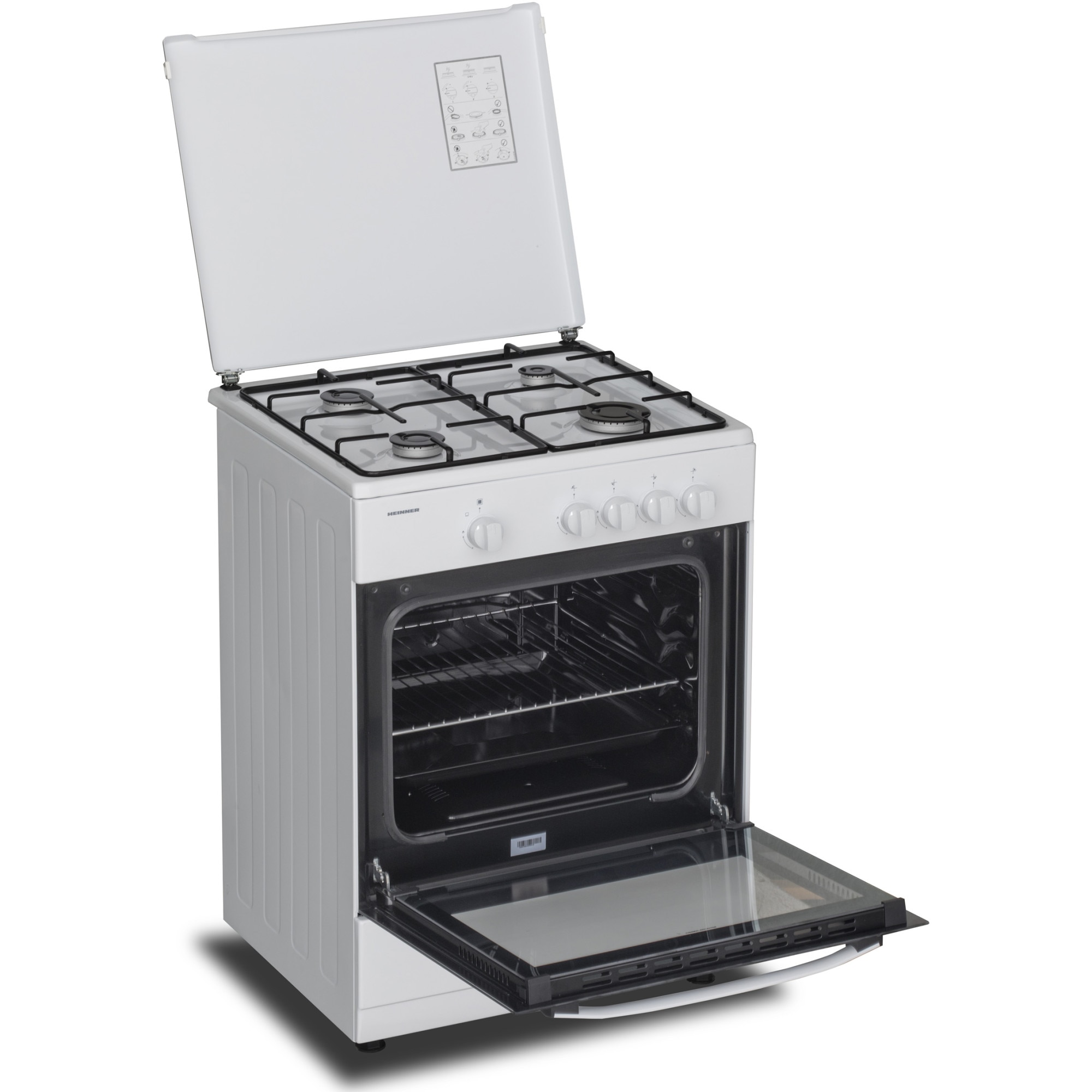 Aragaz Heinner HFSC-SME60WH, Gaz, 4 arzatoare, Dispozitiv siguranta plita si cuptor, 60 cm, Alb
