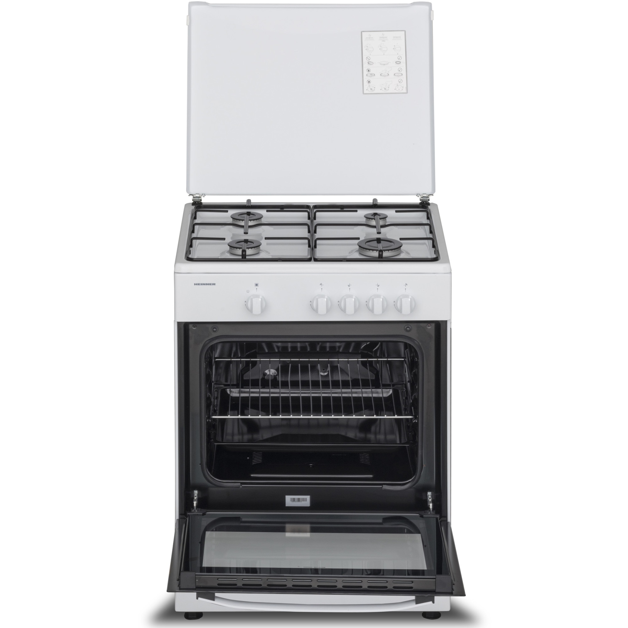 Aragaz Heinner HFSC-SME60WH, Gaz, 4 arzatoare, Dispozitiv siguranta plita si cuptor, 60 cm, Alb