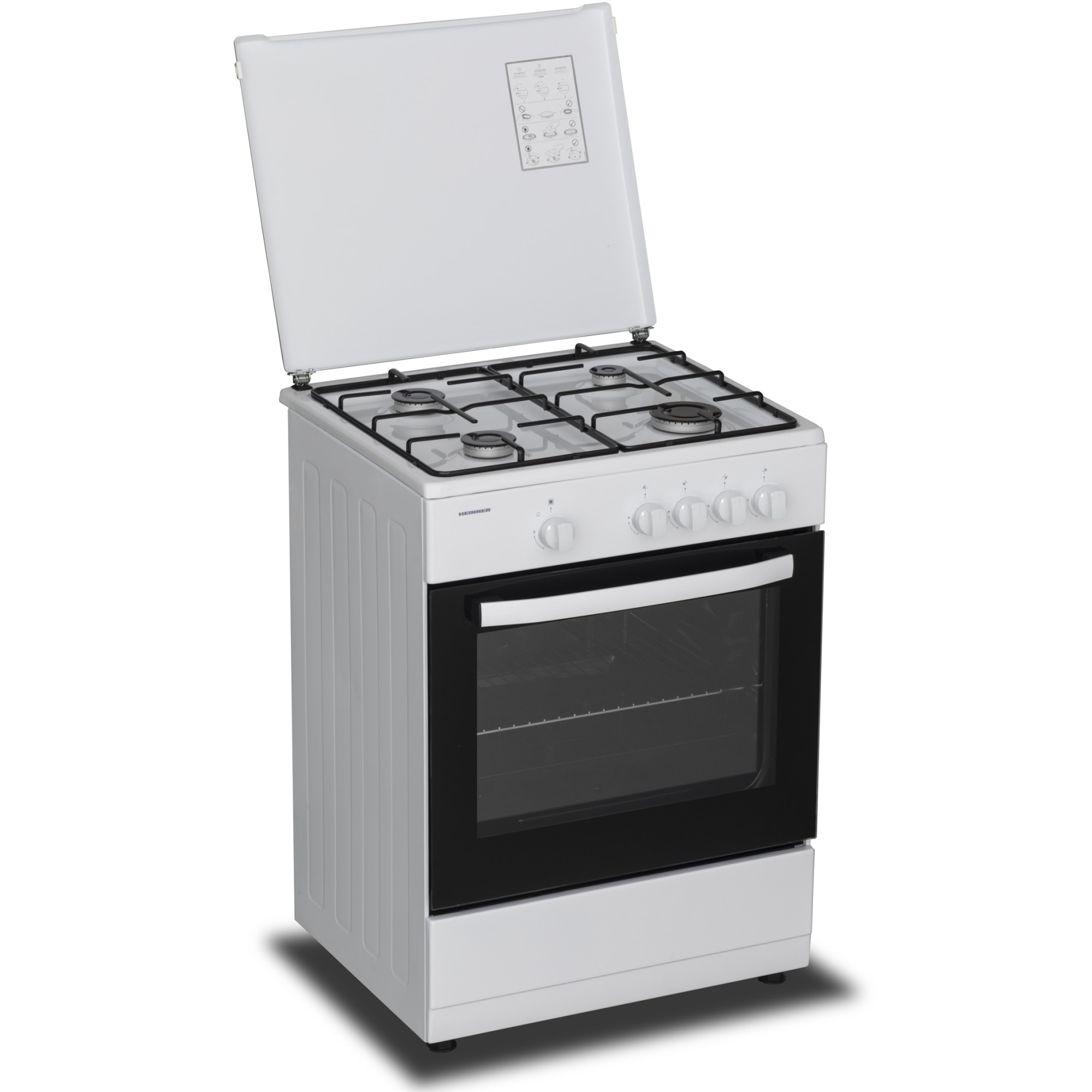 Aragaz Heinner HFSC-SME60WH, Gaz, 4 arzatoare, Dispozitiv siguranta plita si cuptor, 60 cm, Alb