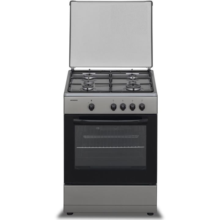 Tűzhely Heinner HFSC-SME60SL, Gáz, 4 égős, Főzőlap és sütő biztonsági berendezés, 60 cm, Ezüst