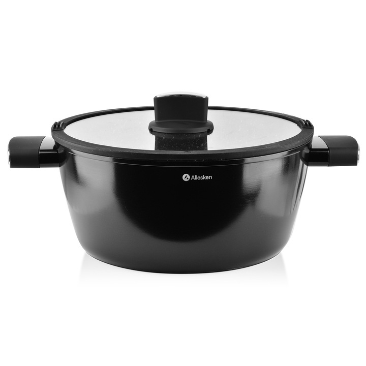 Fazék, Allesken Valerian, ILAG Ultimate tapadásmentes, 28x13cm, 6,7L, üvegfedő, Full Induction, fekete