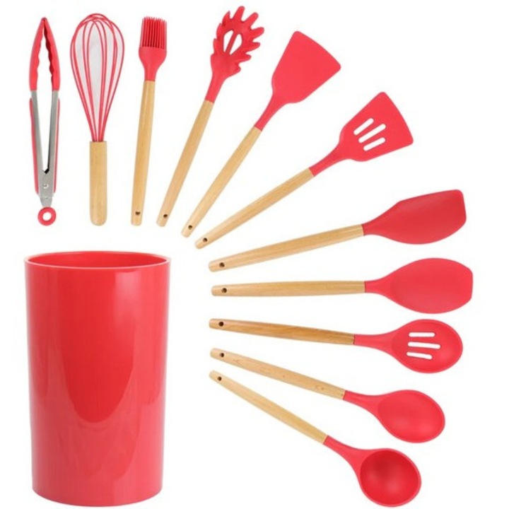 Set 12 ustensile din Silicon pentru Gatit cu Maner din bambus rezistent Rosu 16x12x12 cm