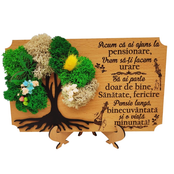 Decoratiune cu licheni "Pensie binecuvantata" - cadou de pensionare pentru Familie, Prieteni, Colegi, etc. Lemn, 20x13 cm