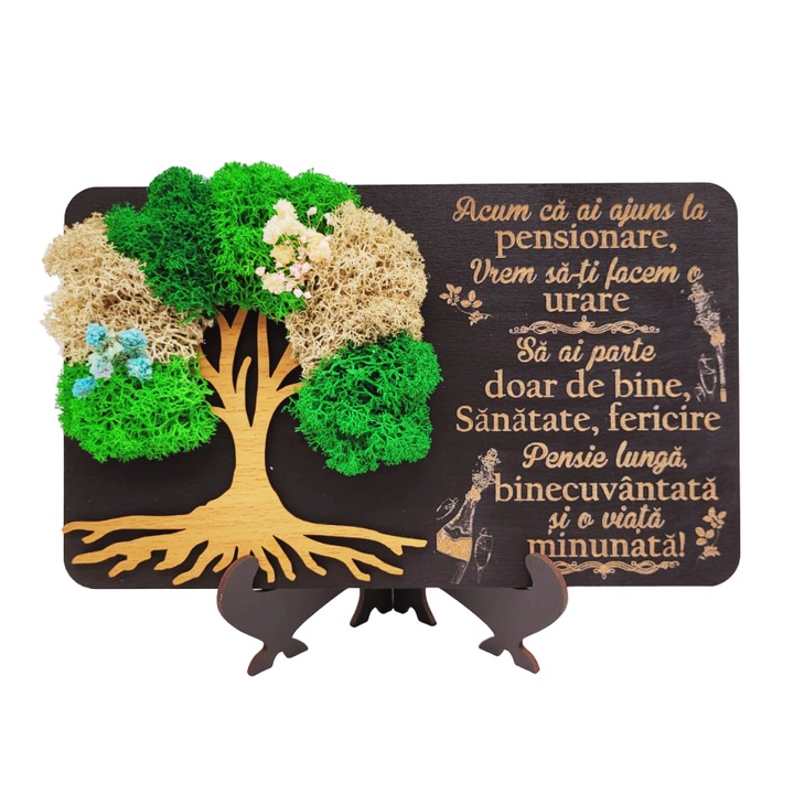 Tablou cu licheni personalizat cu mesaj de pensionare pentru Familie, Prieteni, Colegi - "Pensie binecuvantata", Lemn, Decupaj si Gravura Laser, 20x13 cm, Rica Dreamart, Model 2